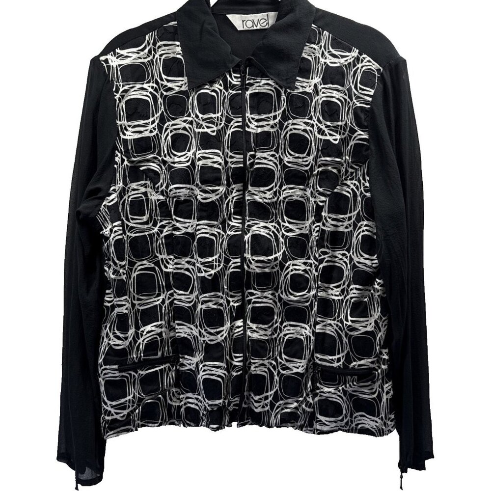 Ravel Women's Jacket Top Size Large Silk Blend Black White Sheer Zipper Pockets
